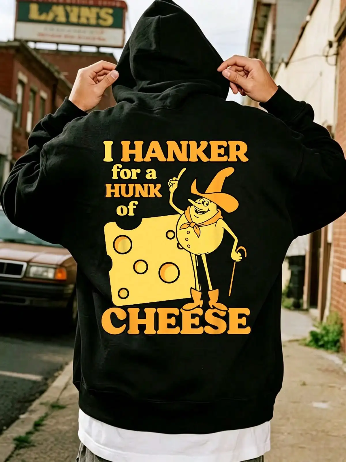 Mens Casual Simple Drawstring Hoodies, Cartoon Cheese Cowboy Back Print, Long Sleeve Sweatshirt Pullover With Pocket