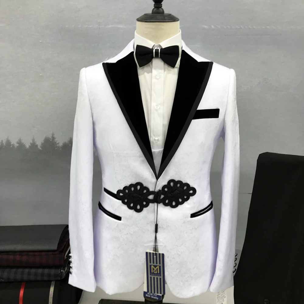 

2023 New Men's Wedding Party Suit Summer White Jacquard Pattern Satin Three Piece Set Fashion Slim Fit Gentleman Coat Vest Pants