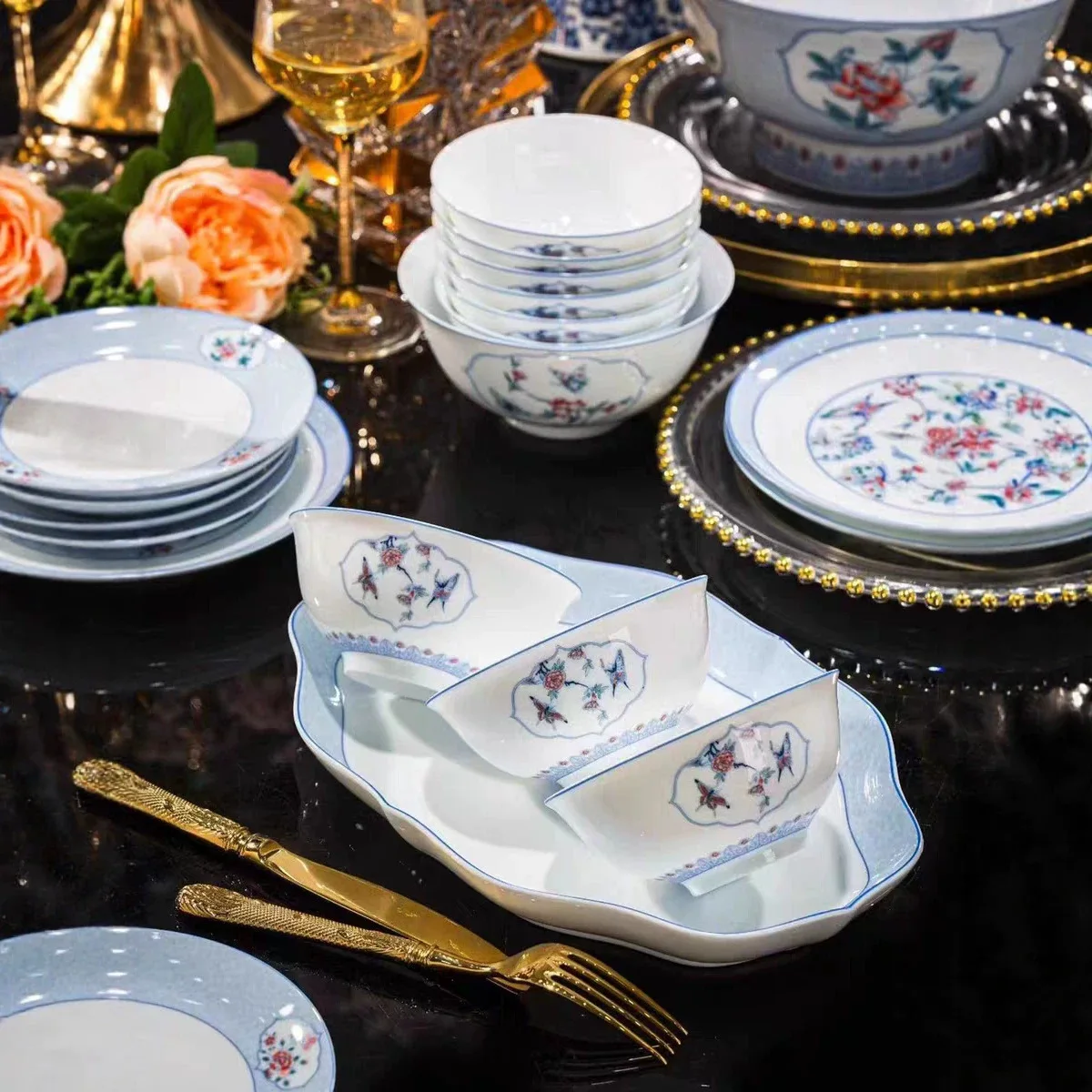 DSA Jingdezhen high-end tableware set, gift-glazed white porcelain bowls, plates, plates, glazed colored bowls, plates, plates