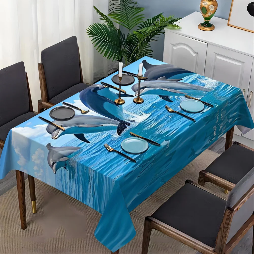 1pc 2D Flat Jumping Dolphin Ocean Sea Water Printed Tablecloth, Decorative Table Cover for Dining Table, Home Decor