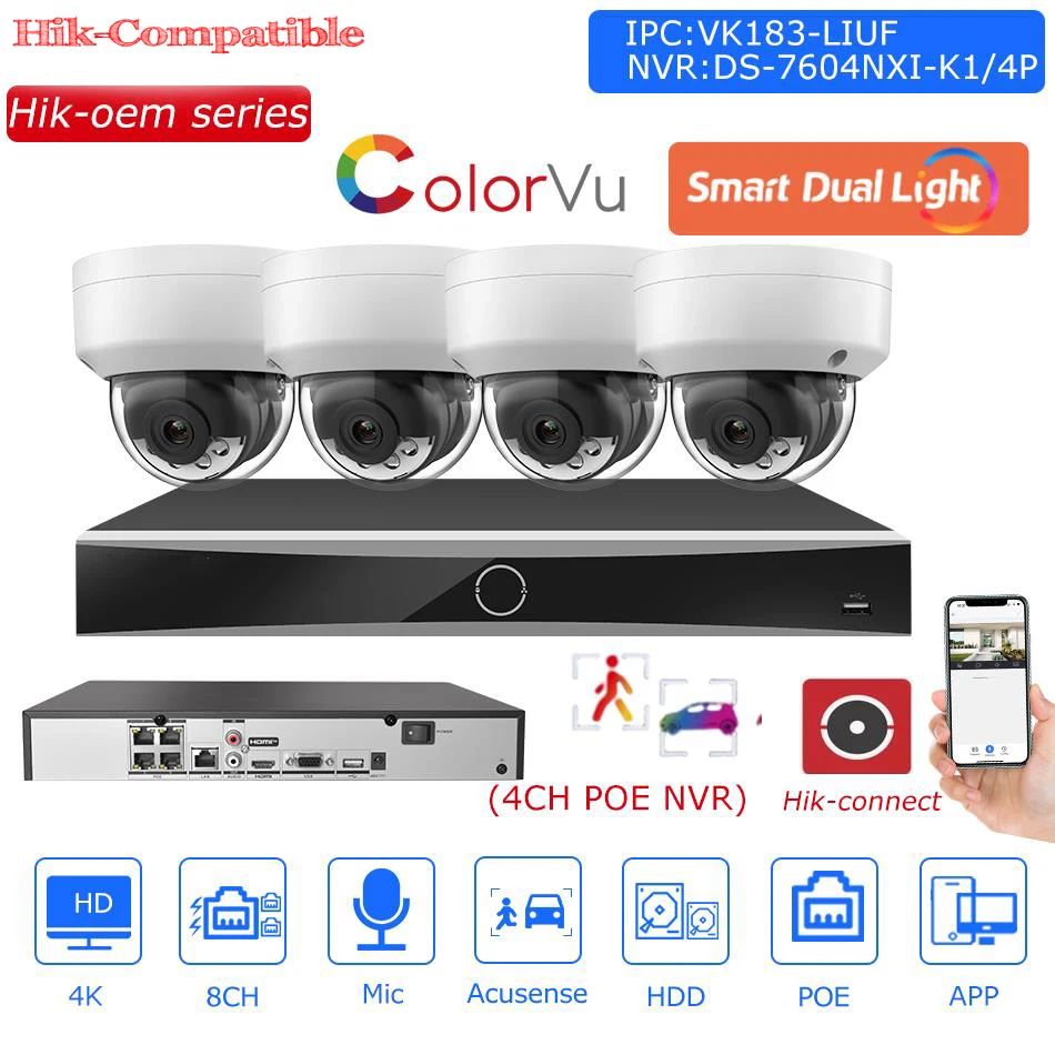 

Комплект видеонаблюдения OEM Hikvision 4K, 4-канальный сетевой видеорегистратор POE, 8 Мп, встроенный микрофон, сетевая система видеонаблюдения Hik-connect, детская версия/4P