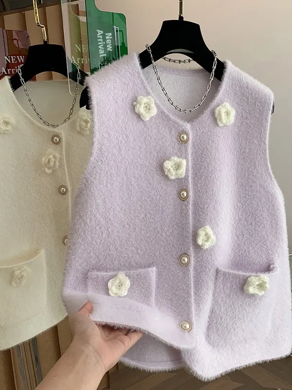 Colete de malha oversized feminino casual sle v-ne scela gola de pele sintética bule corte-etiqueta colion cor flor 3d