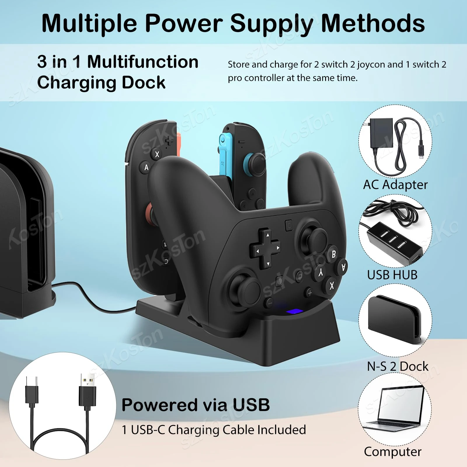 قاعدة شحن 3 في 1 لوحدة تحكم Switch 2 Pro JoyCon لـ Switch2 Joy-con 2 مع مؤشر LED وكابل الشاحن