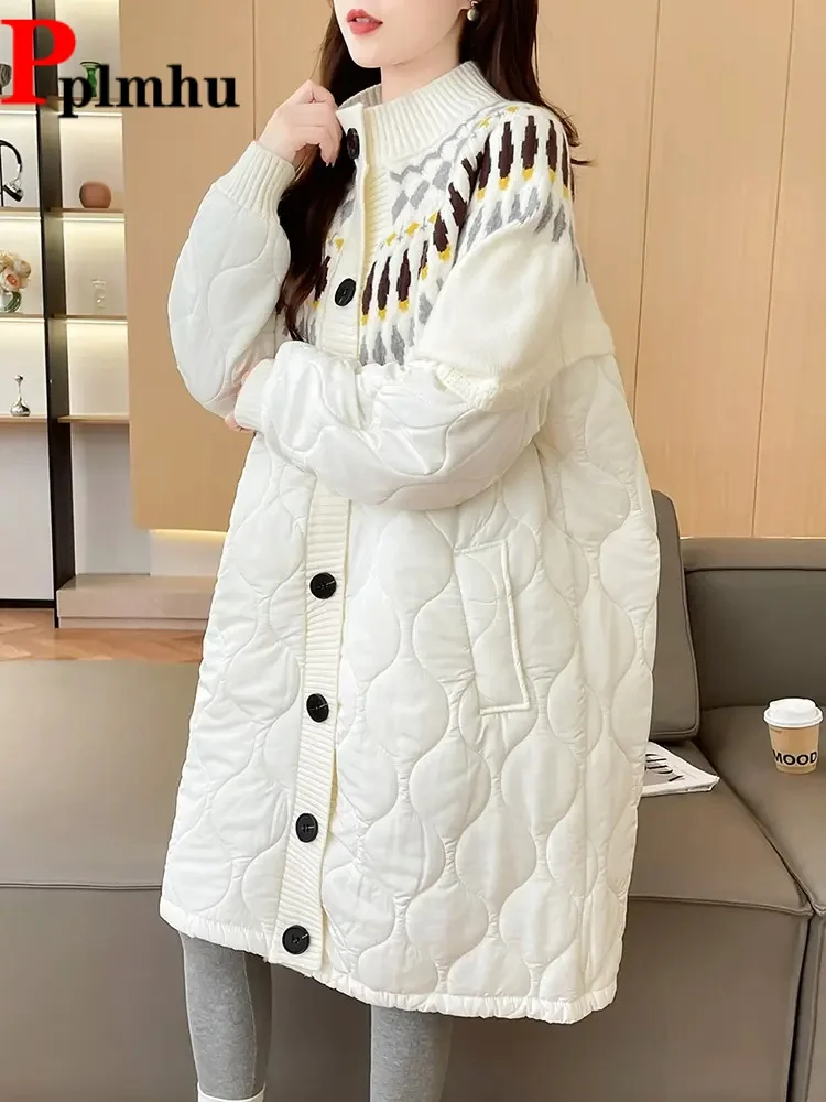 

Spliced Sweater Cotton Cardigan Jackets Coat Women's Casual Mid-Length Casaco Fashion Loose Single Breasted Patchwork Abrigos