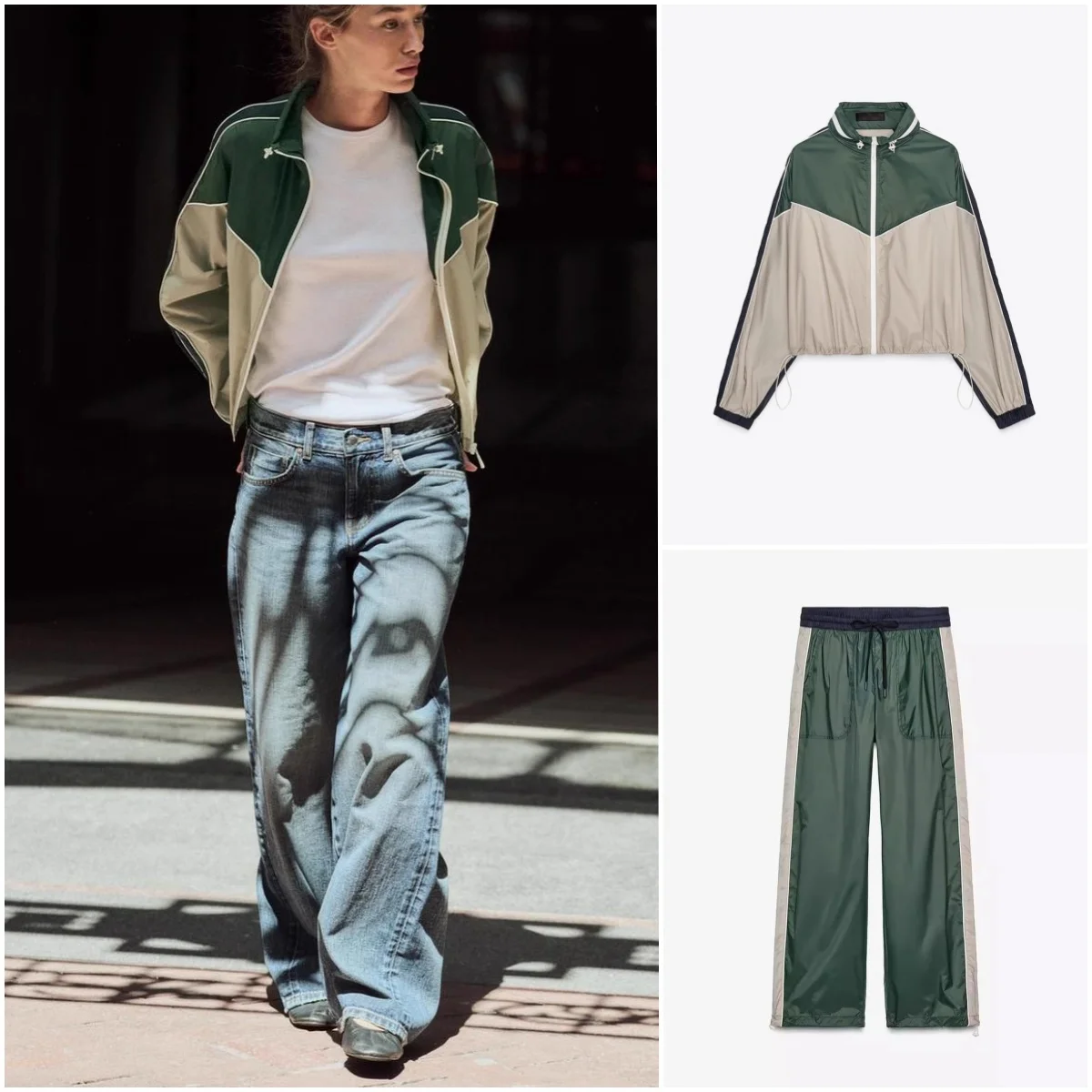 

Весенний женский комплект: брюки с широкими штанинами и цветными вставками, куртка с длинными рукавами и воротником-стойкой, повседневная спортивная одежда