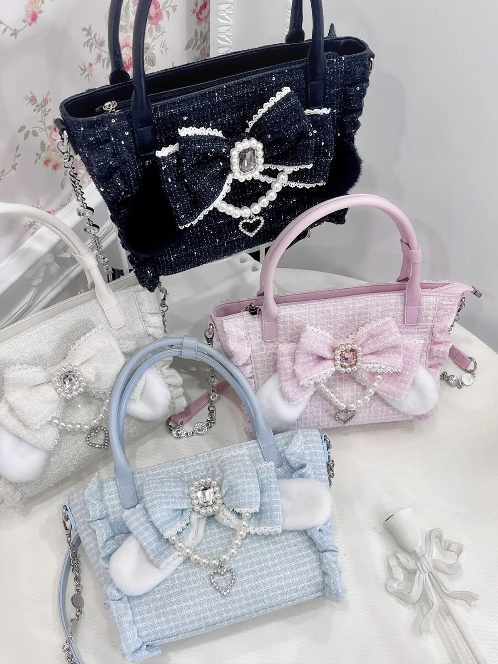 

Lovely Lolita Pearl Bow Tote Bag Japan Original Lace Sac Femme Sweet Girl Bolso Hand Bags for Woman 2025 New Bolsos De Mujer