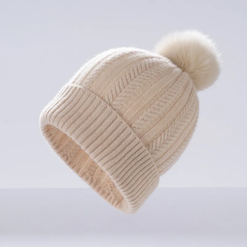 Winter Twisted Knitted Hats For Women Warm Fur Pompom Soft Cashmere Cap Beanies Solid Female Versatile Ski Snow Skullies Beanies