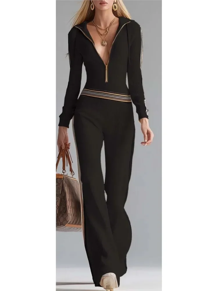 Contrast Color Stitching Pit Strip Knitted Jumpsuit New Women's Spring Autumn Long-sleeved Zippered Long-sleeved Hooded Jumpsuit