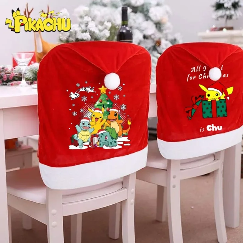 Pokemon Christmas Chair Covers Set Pikachu Santa Claus Hat Chair Back Covers Xmas Holiday Festival Dining Room Table Decoration