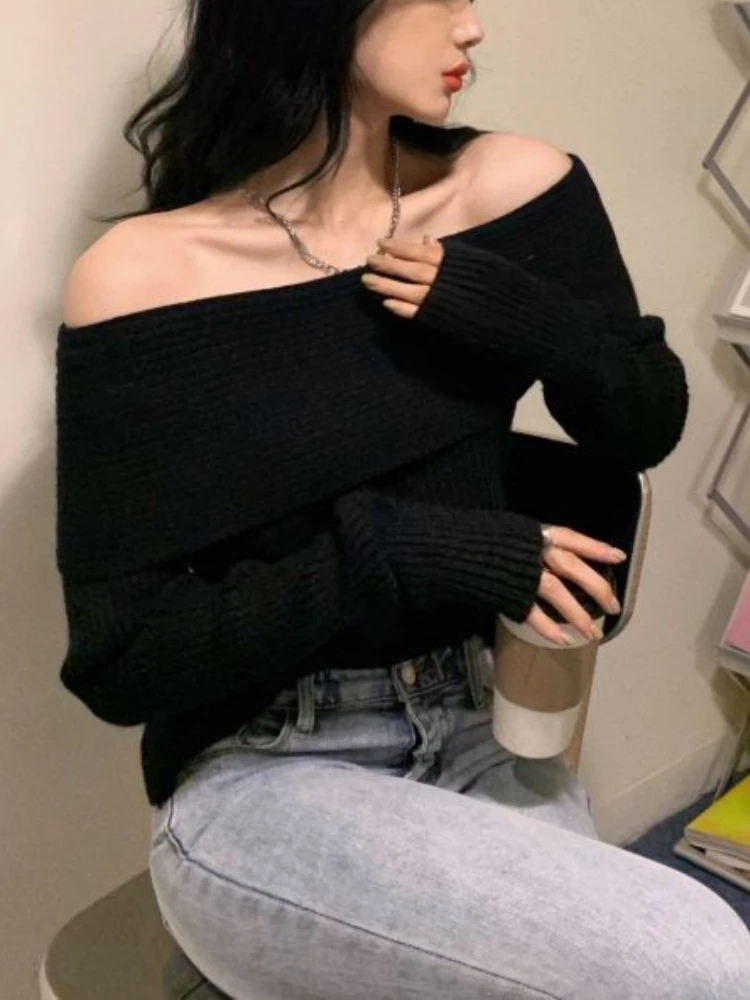 Off Shoulder Knitted Sweater Women Long Sleeve Elegant Pullovers Autumn Winter Pure Color Fashion Sexy Y2k Clothing Tops Korean