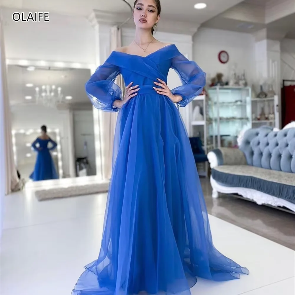 Robe de Soirée en Tulle Bleu, Élégante, Ligne A, Manches Bouffantes, pour Occasions Formelles, 2024