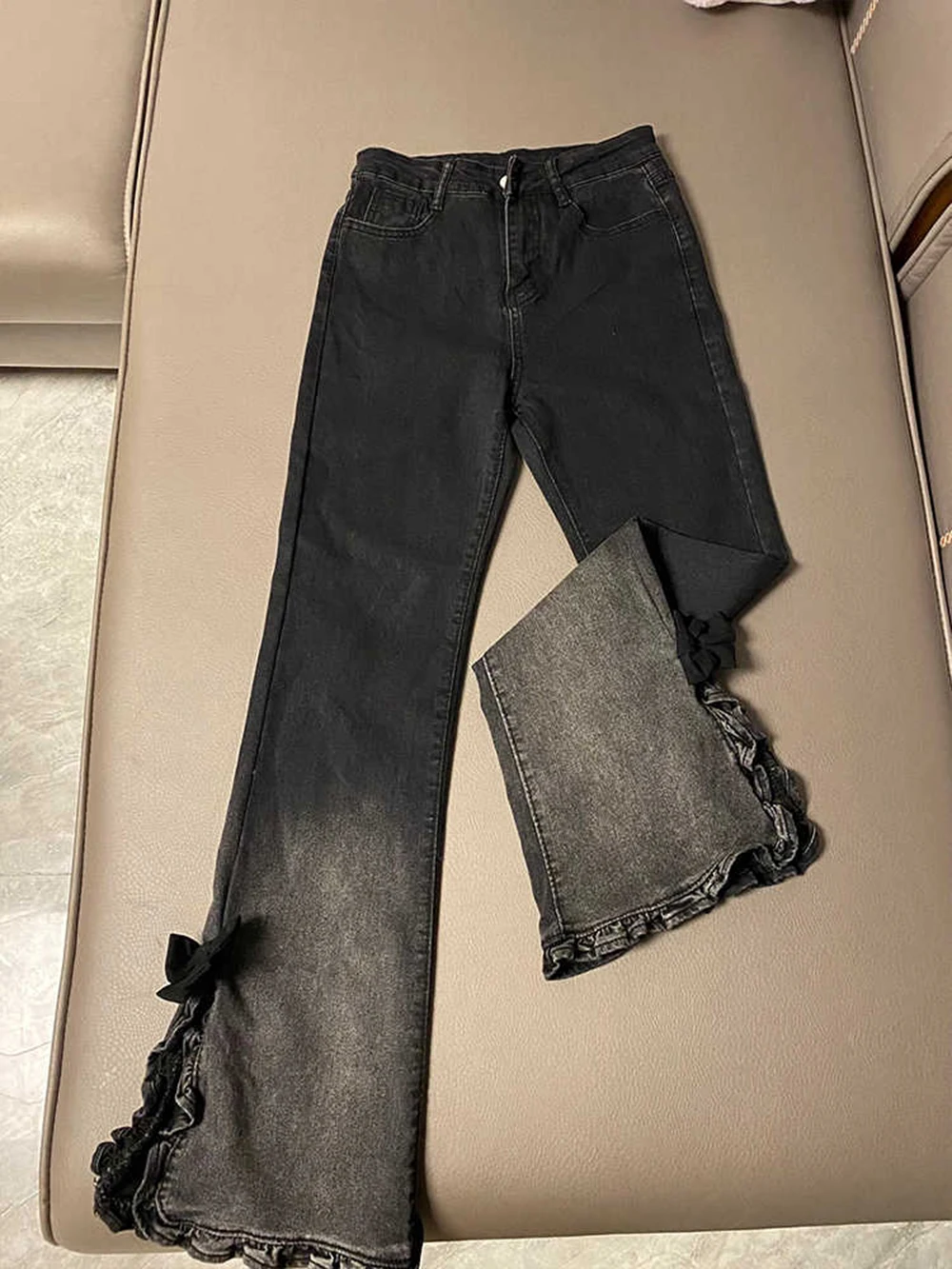 

Vintage Oversize Deep Grey Denim Pants Women's Spring Autumn Gradient Split Wide Leg Pants Ruffles Bow Design Versatile Pants