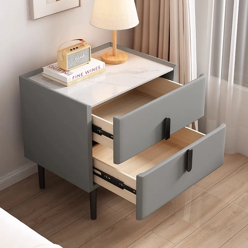 Nordic Style Solid Wood Bedside Table with 2 Drawers, Faux Leather Bedroom Nightstand with Sintered Stone Top, Storage Cabinet