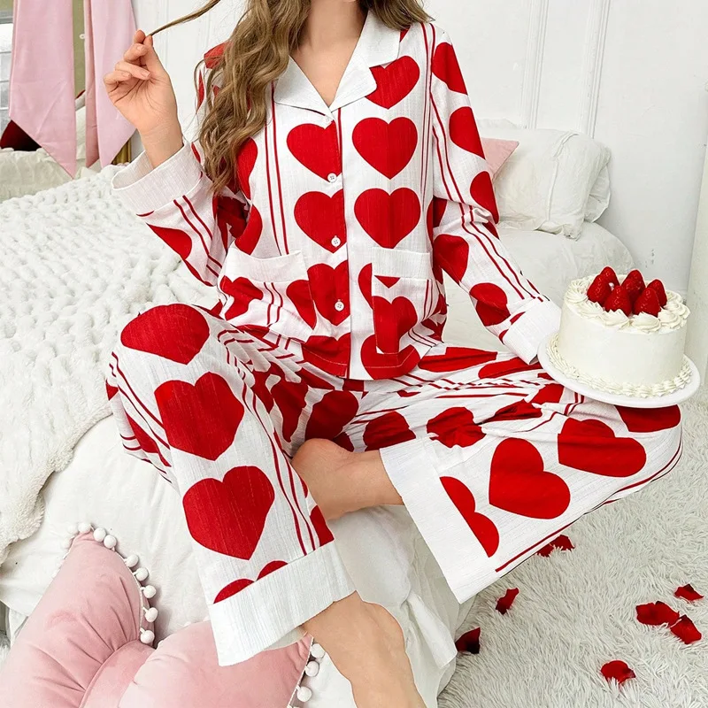 

Пижамы с принтом Sweet Love, домашняя одежда с длинными рукавами, женская элегантная одежда для сна, домашняя одежда из 2 предметов, однобортный топ, брюки, наряд