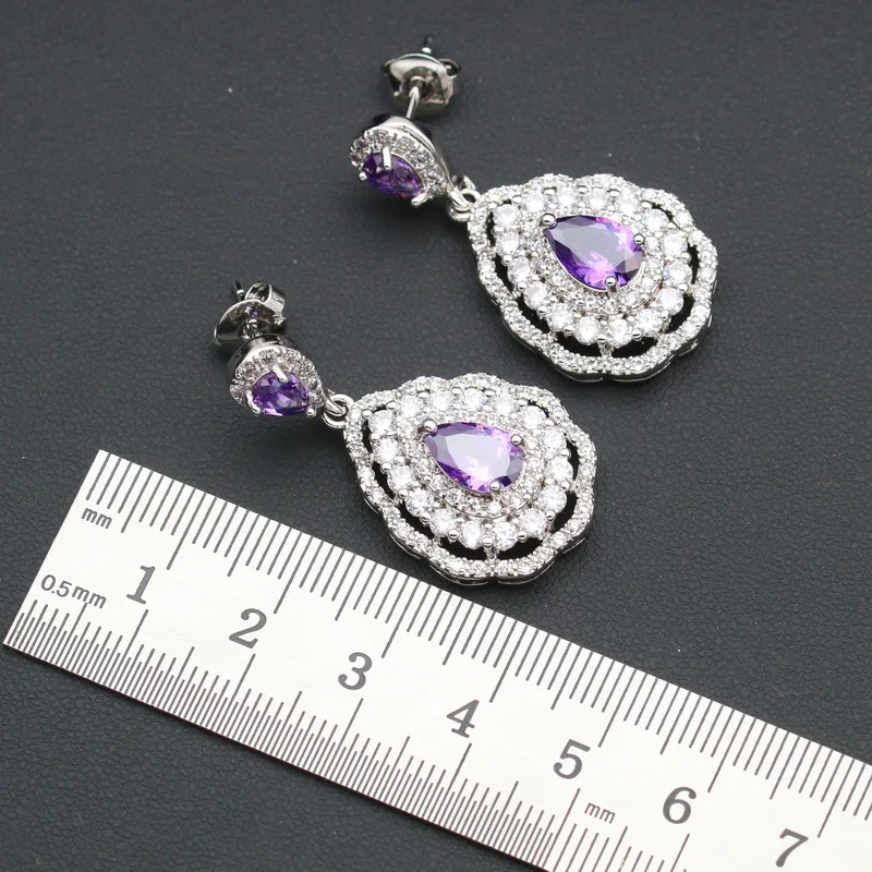 Luxurious Purple Crystal Silver Color Jewelry Sets For Women Earring Bracelet Pendant Necklace Ring Christmas Gift Free Gift Box