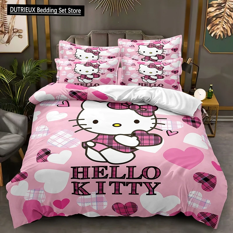 Sanrio Hello Kitty Home Bedding Set Cartoon Children\'s Adult Bed Pillow Cover Quilt Cover Three Piece Set Full Twin King Size