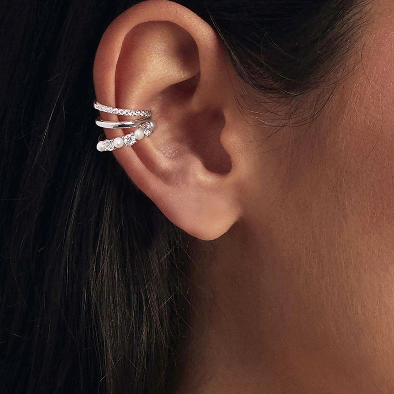 

Bamoer U 3-layers Moissanite Ear Cuff Freshwater Pearl Mono Clip Earring VVS1 Round Cut Lab Diamond Original for Women Teen Gift