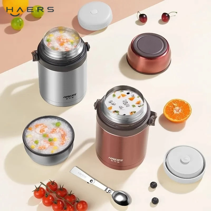 HAERS 1L Thermal Cooker Jar 304 Stainless Steel Leakproof Food Insulated Jar with Tableware Ideal for Congee Noodles Office Use