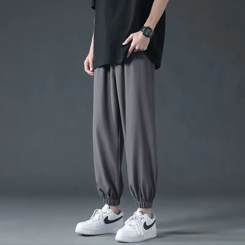 

Ice Silk Cuffed Sports Pants Ultra-Thin Summer Casual Trousers for Young Men Straight Leg Non-Ironed Nine-Piece Youthful Sle