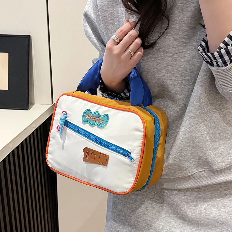 Large Capacity Cosmetic Bag Handheld Toiletry Bag Travel Skincare Storage Bag Color Collision Splicing Cotton Nylon Lining