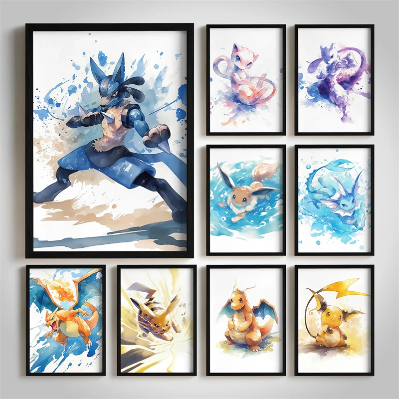 Pokemon Anime Watercolor Canvas Wall Art Pikachu Charizard Lucario Mewtwo Print Poster Gifts Bedroom Living Room Kids Room Decor