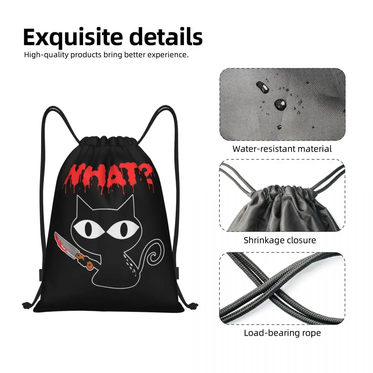 Custom Funny  What Drawstring Backpack Bags Lightweight Murderous Cat With Knife Halloween Gym Sports Sackpack Sacks