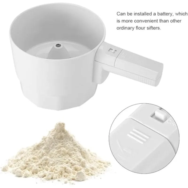 X09A Kitchen Baking Tool, White Plastic Electric Handheld Flour Sifter, Battery Operated Sieve For Easy Use, Keeps Kitchen Clean