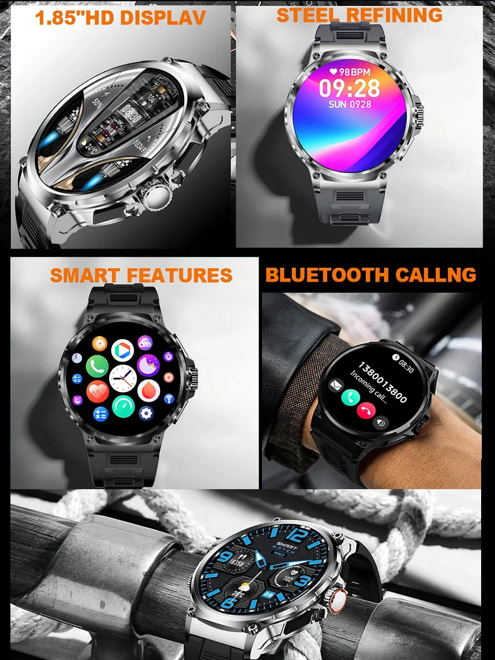 1.85 Inch Always On Screen Smart Watch Bluetooth Call Heart Rate IP68 Waterproof 100+ Modes Sport Watches 710mAh Large Battery