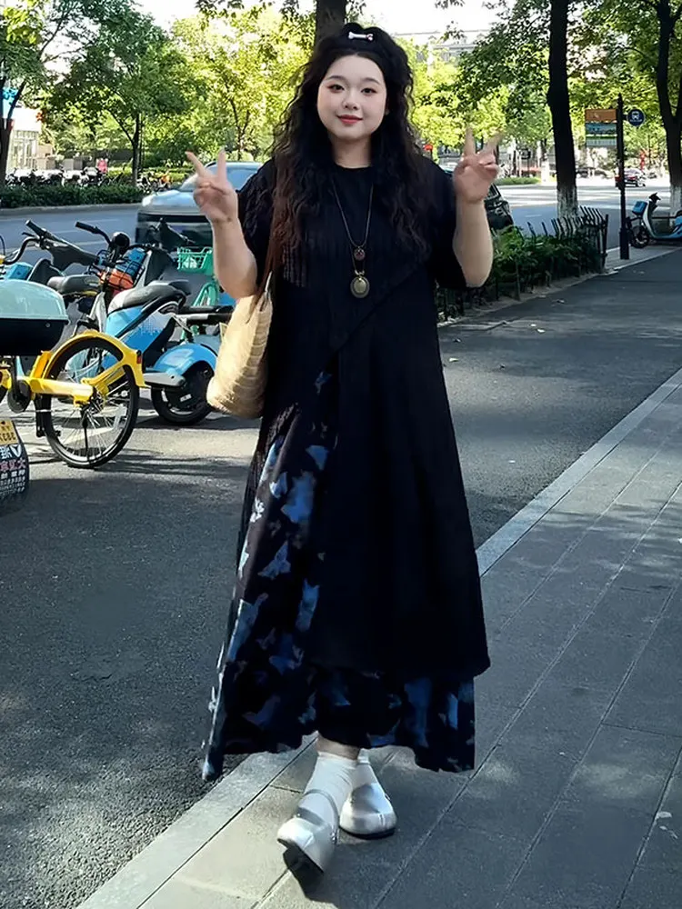 plus Size Summer Outfit Black Asymmetrical Short Sleeve Top And  Half Skirt Two Piece Set for Women Slimming Effect