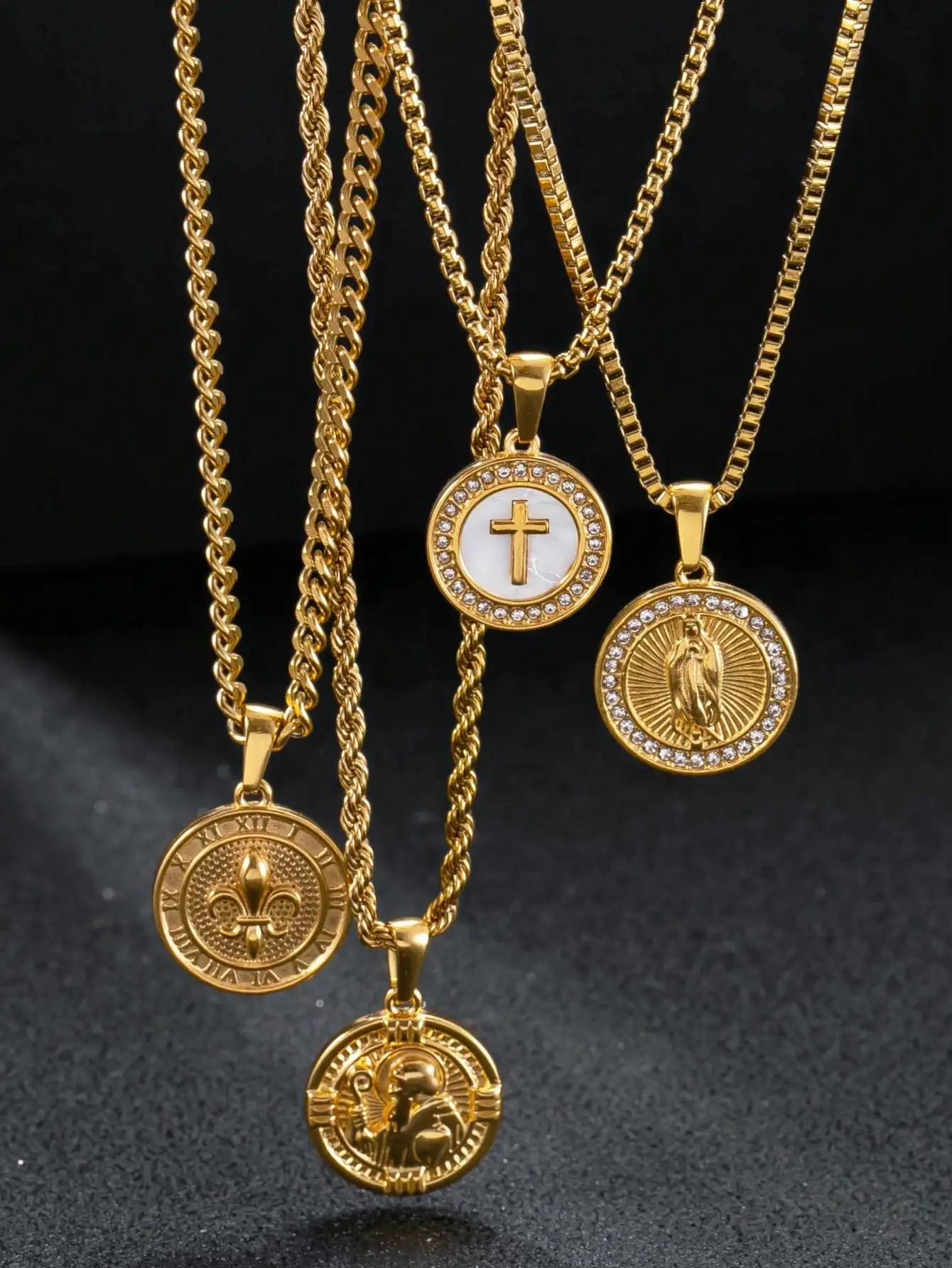 Collar con Colgante de Moneda Chapado en Oro con Motivo Religioso, Cadena de 60 cm para Hombre o Mujer