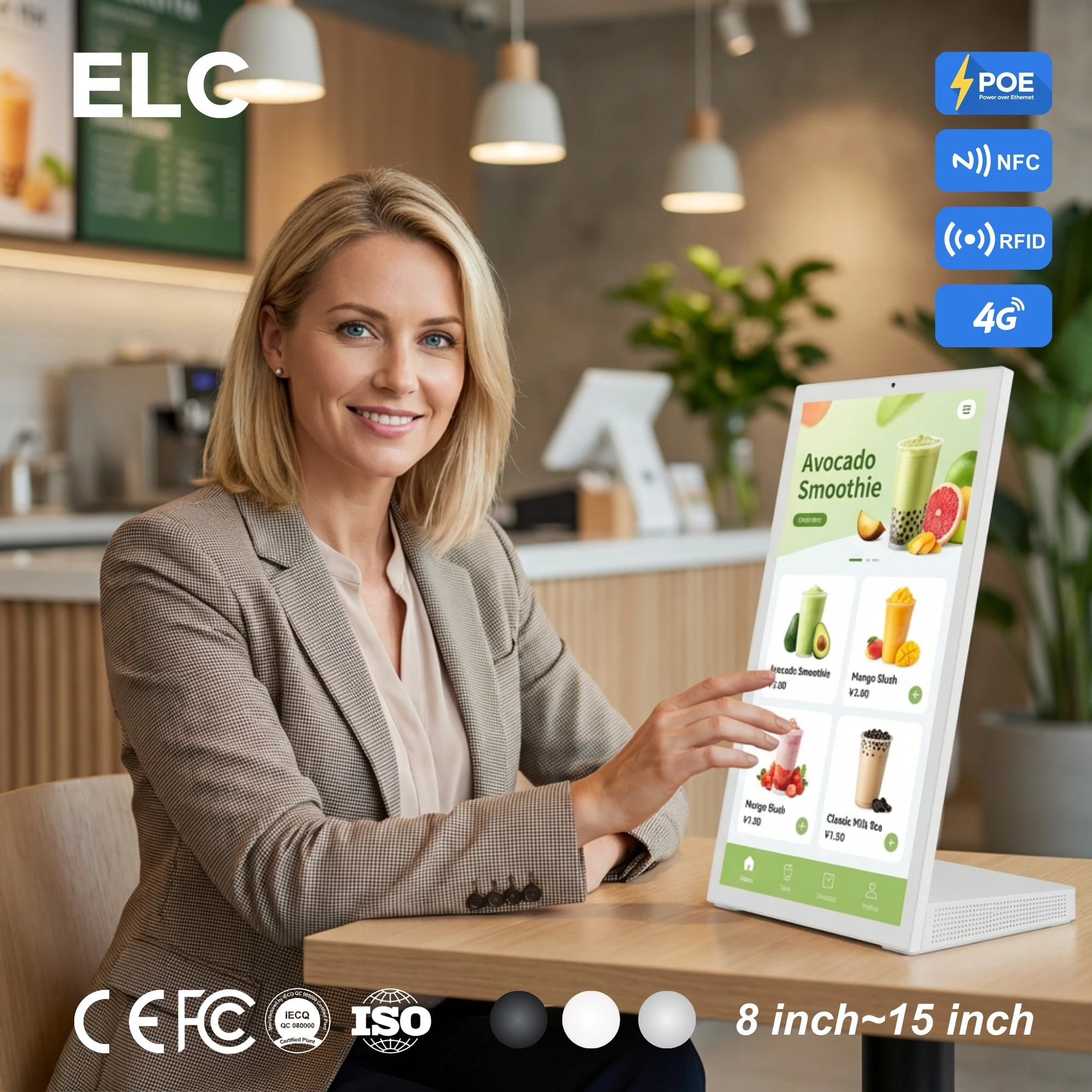 Juice Bar Desktop Self Service Kiosk 15.6 Inch L Shape Tablet Android 14 RK3576S 4GB 64GB NFC Reader PoE Powered