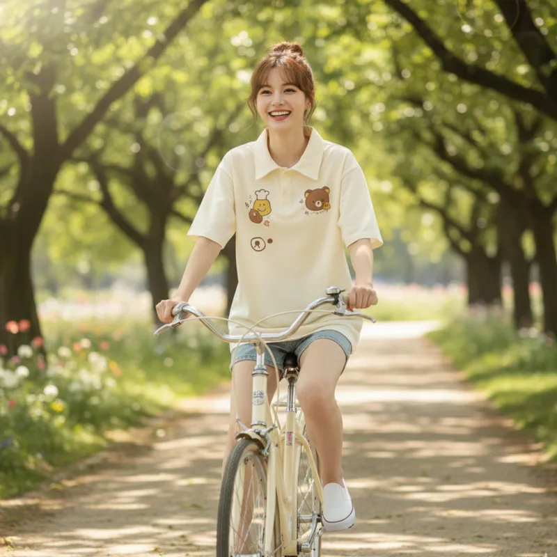 

Cute Rilakkuma Women's Summer Cartoon Polo Shirt Japanese Kawaii Loose Short Sleeve Casual Blouse for Daily School Streetwear