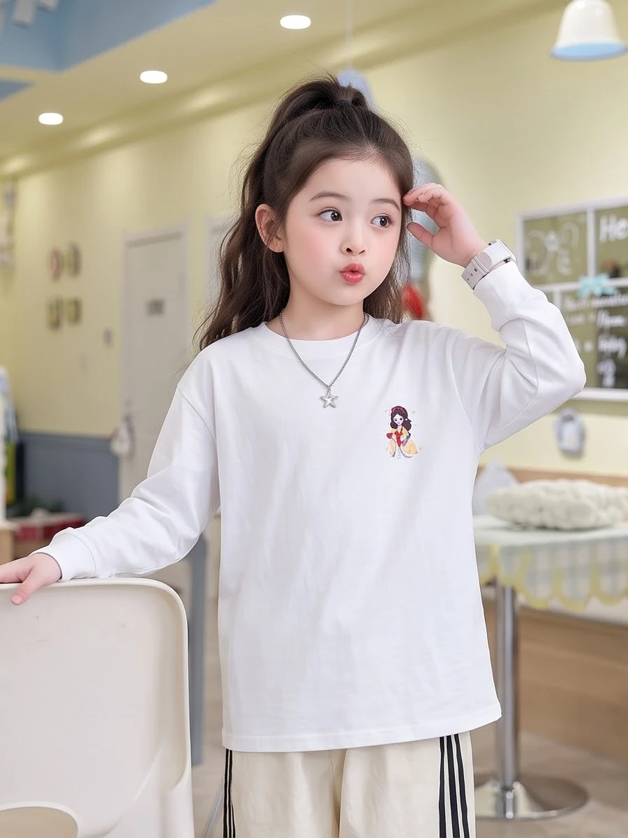 Cute Little Princess Small Chest Print Girls Cotton Long‑Sleeve T‑Shirt 100‑170, Casual Daily Tops for Young Girls