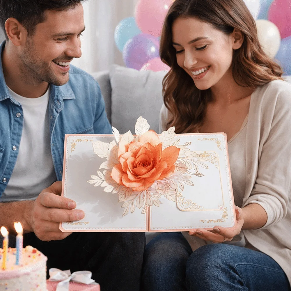 

Romantic Pop Up 3D Rose Flower Card Elegant Blessing Romantic Wedding Card Folding Paper Sculpture 3D Flower Greeting Card