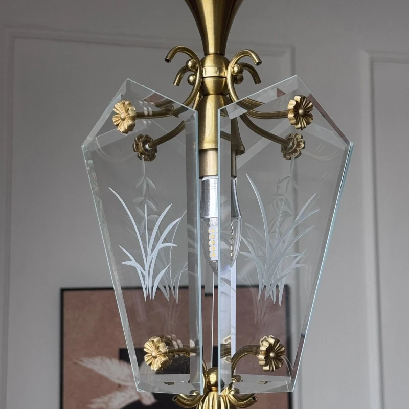 النمط الفرنسي العتيقة النحاس مطلي الزجاج منحوتة مصقول حافة قلادة ضوء للمطعم والإقامة المنزلية الألواح الأمامية الثريا #3