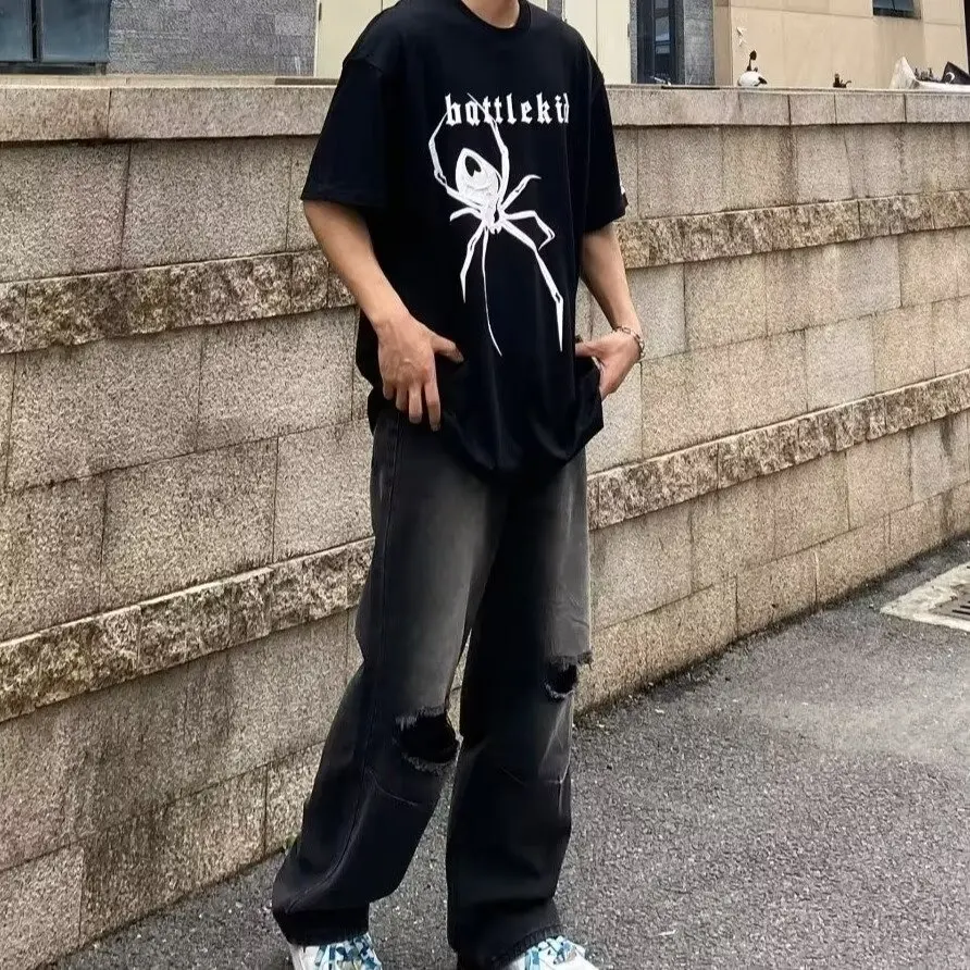 

Fall Men's Large Size 300 Pou Trendy Ripped Denim Jeans Casual Straight Leg American Retro Sle High Street Long Pants