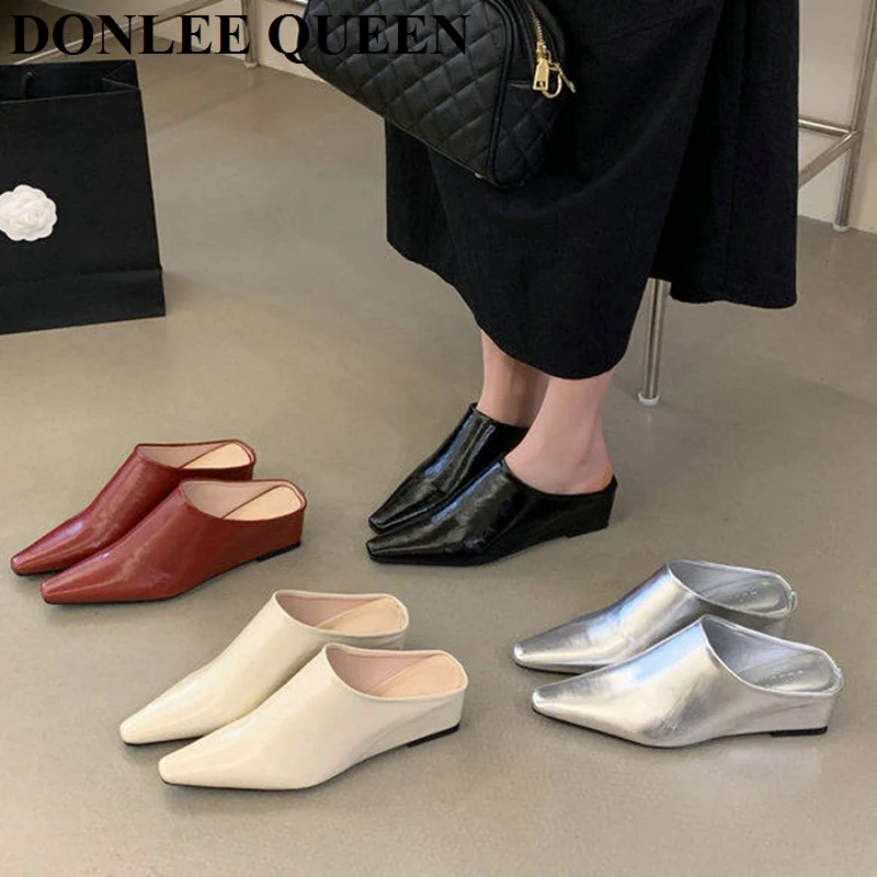 

Women Fashion Close Toe Mule Slippers Female Square Toe Casual Shoes Lazy Wedges Heels Sandals Slides Comfort Vintage Footwear