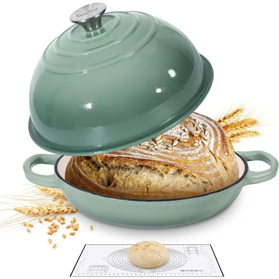

5.5QT EnamelCoated Cast Iron Round Dutch Oven for Sourdough Bread Baking Ideal Kitchen Tool for Homemade Bread with Silicone Ba