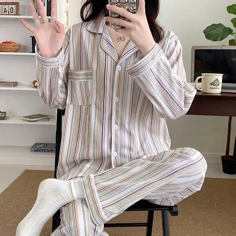 2023 New Pajamas Women's Spring Autumn Loose Loungewear Cute Long Sleeved Sleepwear Cartoon Student V-neck Homewear Set