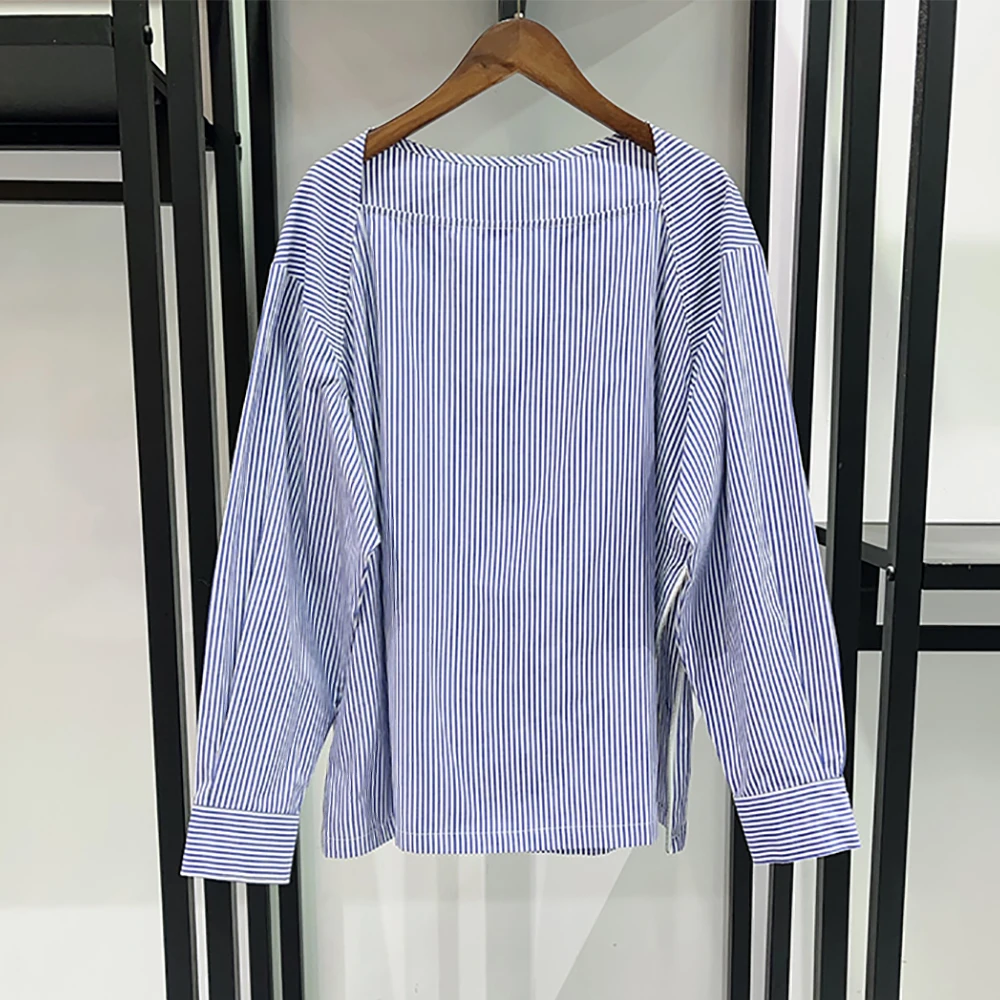 

100% Cotton Fine-Striped T-Shirt for Women Off-the-Shoulder Side-Slit Long-Sleeved Loose-Fit T-Shirt Top Spring 2026 New Y2k
