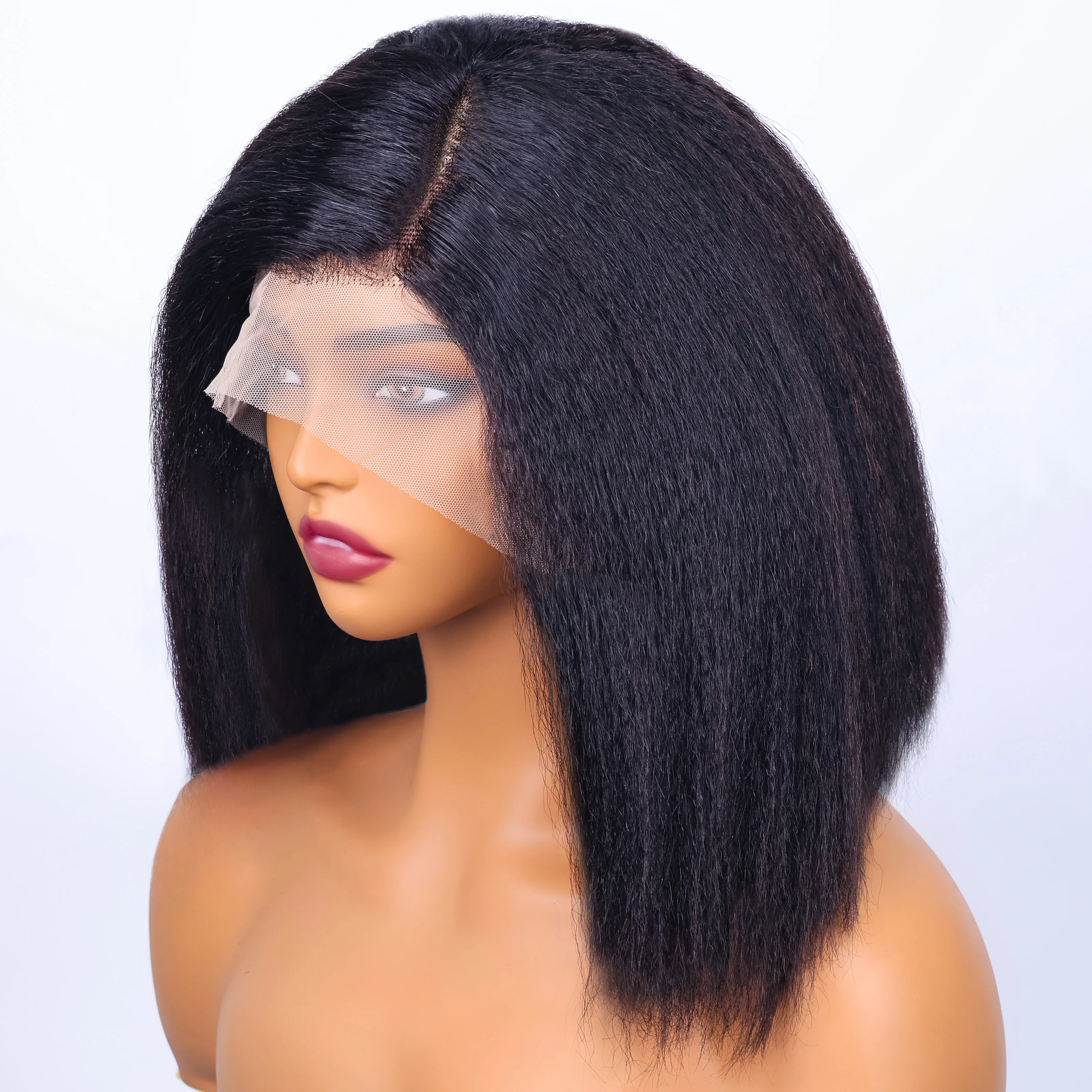 

Kinky Straight Short Bob 100% Human Hair Wig For Women 13x4 Front Transparent Lace Peruvain Remy Hair Soft Yaki Bob Wigs 200%