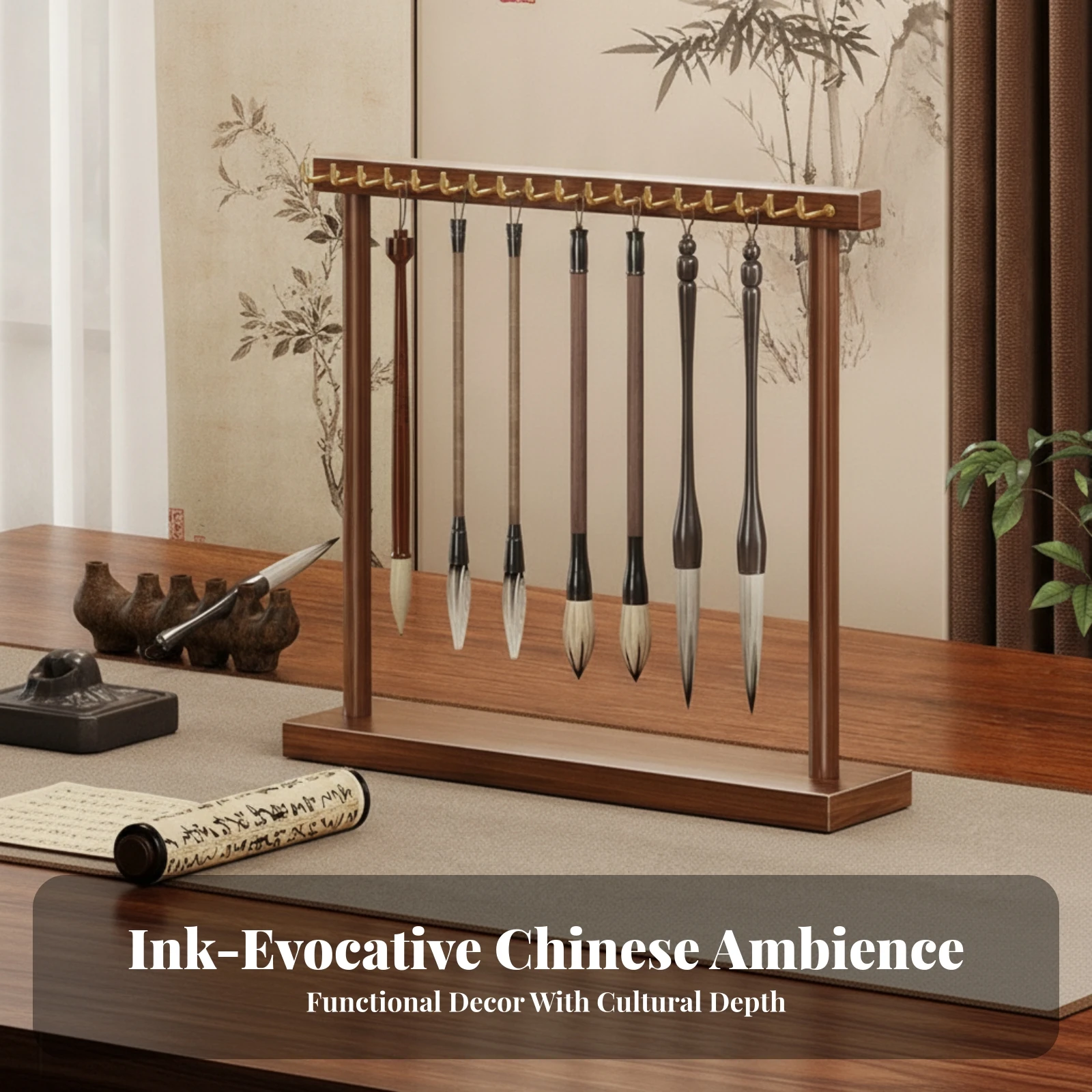 18-Hook Brush Stand Metal Hooks Calligraphy Brush Holder Desk Organizer Rectangular Base Tabletop