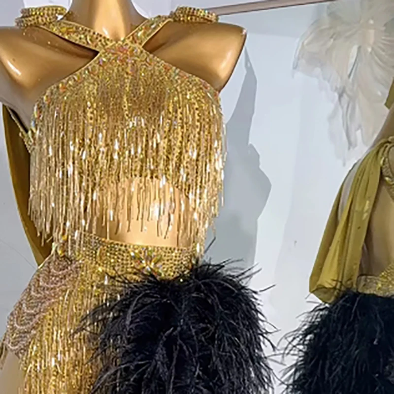 

Платье для латинских танцев, высококачественное бархатное платье для танго на заказ с золотыми бусинами и кисточками, женская одежда для взрослых и детей, сценическая профессиональная одежда