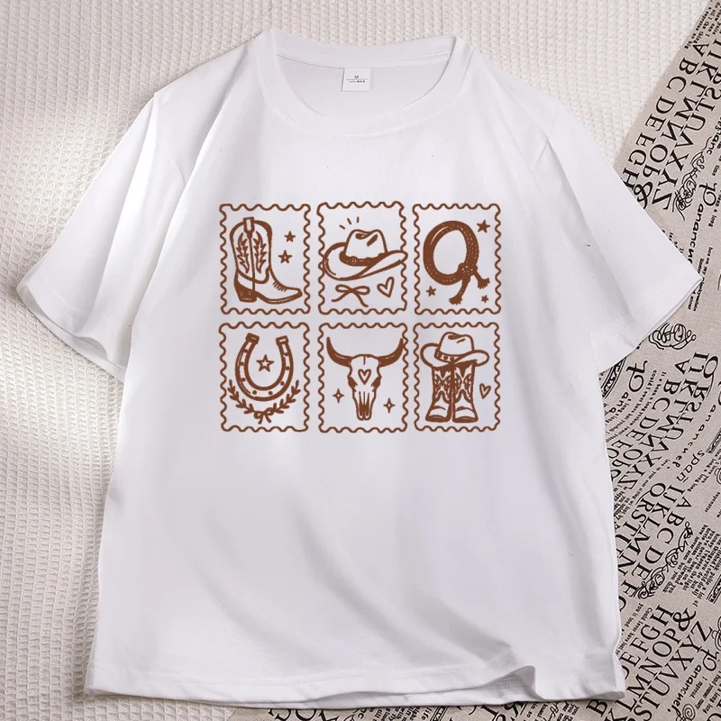 Minimalist Western Stamp Graphic T Shirts Cowgirl T-Shirt Design Cotton Short Sleeve Western T Shirt Cowboy Round Neck Tees