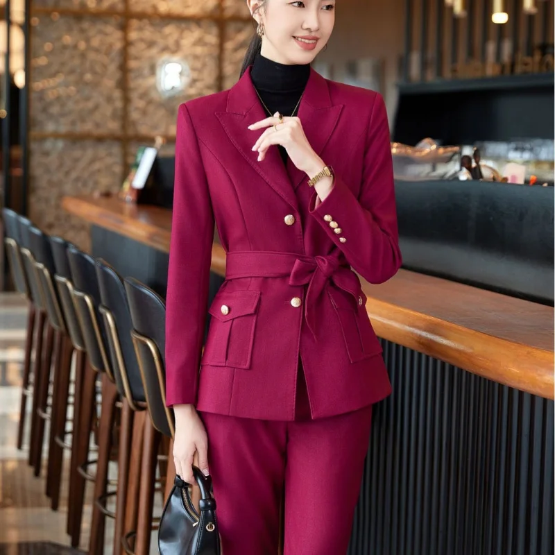 2024Autumn and Winter New Purplish Red Suit Jacket Women's Pants Professional Casual Two-Piece Suit Fashion High-End