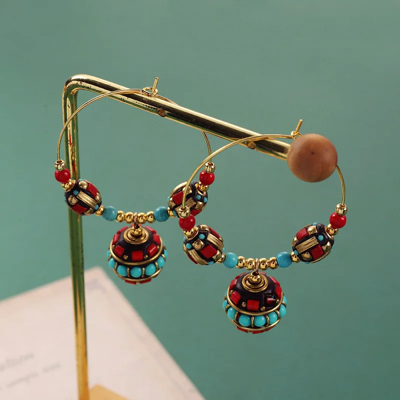 Ethnic Tibetan Style Pendant Earrings for Women Vintage Copper Bead Luxury Gemstone Colorful Jewelry Nepal Exotic Creative Gift
