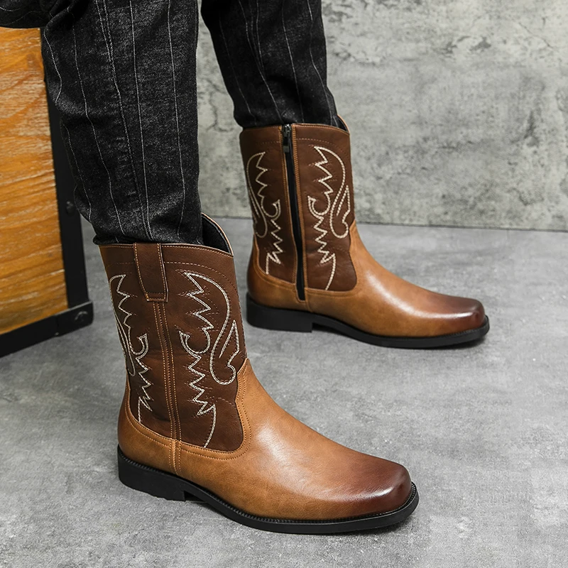 

Men's Boots New Western Cowboy Motorcycle Boots Men Boots Autumn Outdoor PU Leather Totem Mid Calf Fashion Retro Design Men Shoe