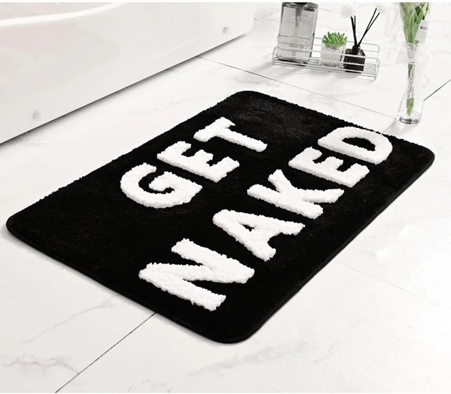Black White 'Get Naked' Fluffy Microfiber Tufted Bath Mat 40x60cm 50x80cm Non-Slip Machine Washable Bathroom Rug Christmas Gift
