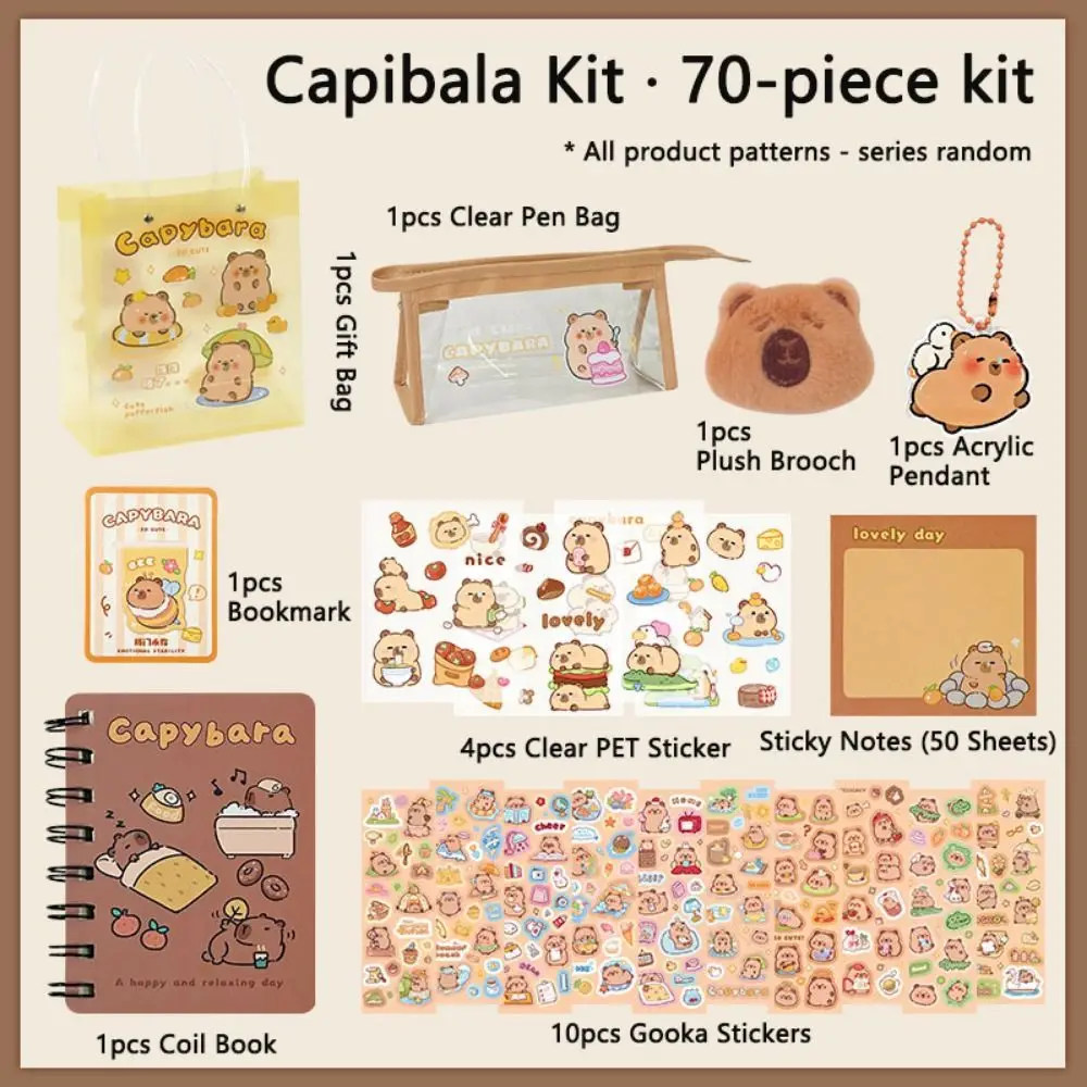 Perlengkapan alat tulis Capybara kartun, 70/105 buah Set Capybara bertema Kawaii Capybara catatan lengket boneka mewah kotak pensil bening