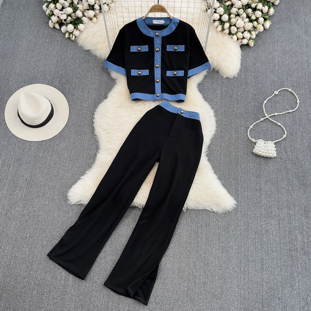 Women 2 Pieces Clothing Sets O-Neck Short Sleeve Patchwork Button Tops + High Waist Split Straight Trousers Suits Outfits